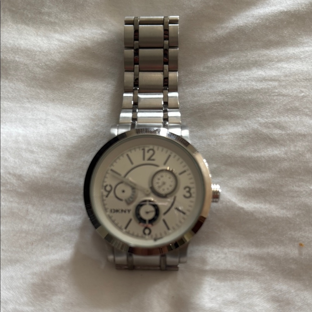 DKNY Silver Tone Watch with White Dial